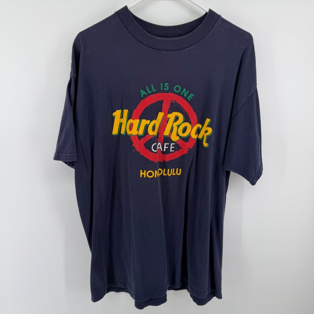 Vintage Hard Rock Cafe Honolulu T-Shirt Navy Blue Peace Sign Graphic XL USA Made